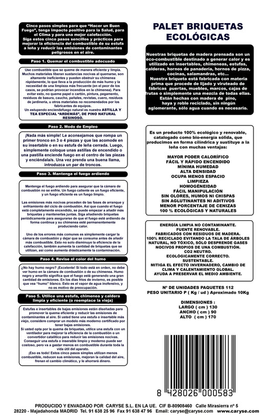 Palet de 112 pack briquetas Eco para estufa de leña