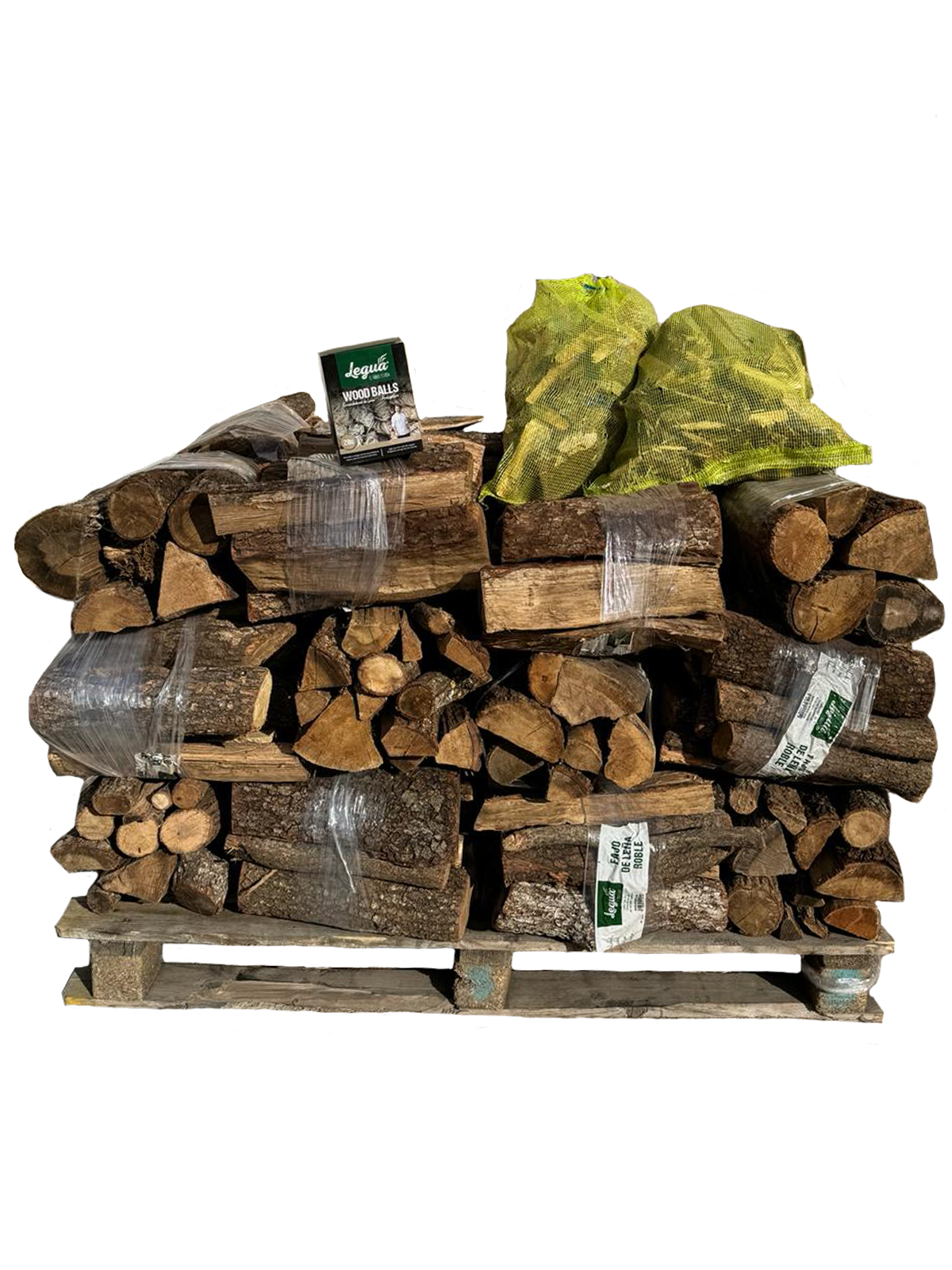30 fajos de leña, 2 mallas de encendido y 1 wood balls